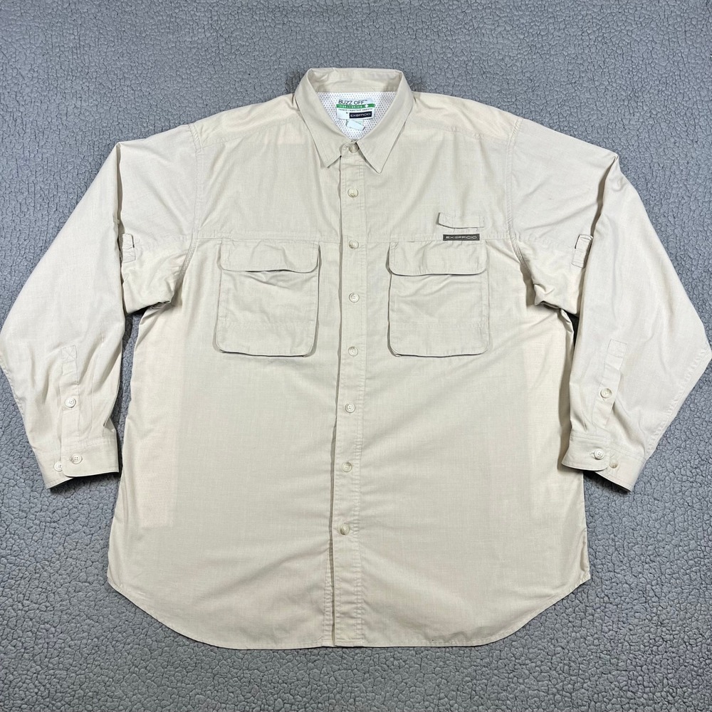 ExOfficio Buzz Off Insect Shield Khaki Fishing Shirt Mens XL Long Sleeve Tan